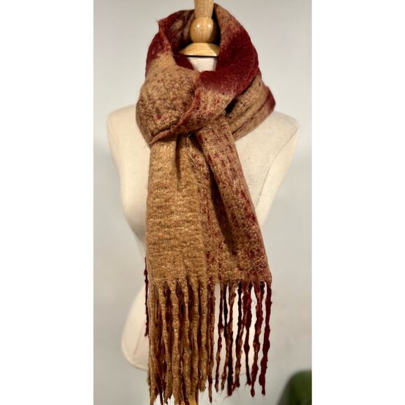Boho Hippie Knit Striped Scarf Tan Red Soft Comfy Warm - Picture 5 of 11